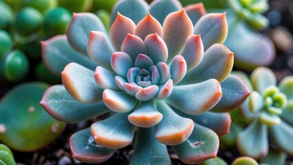 Poster - Succulent cactus plant with vibrant colors and detailed textures against a blurred green background Copy Space