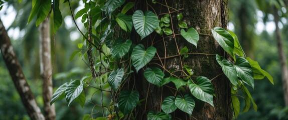 Poster - Close-up of heart-shaped green leaves climbing a textured tree trunk in a lush forest environment with blurred background and ample Copy Space.