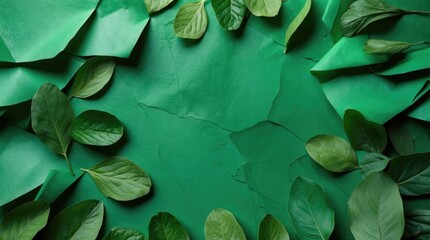 Poster - Green paper and fresh leaves arranged on a vibrant green background with natural textures and colors creating a cohesive design Copy Space