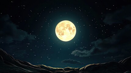 Poster - Full Moon Illuminating Night Sky with Stars Over Serene Landscape and Majestic Mountains at Dusk
