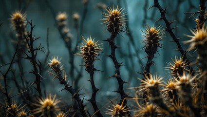 Poster - Close-up of thorny plants with spiky yellow blooms in a moody atmospheric setting Copy Space