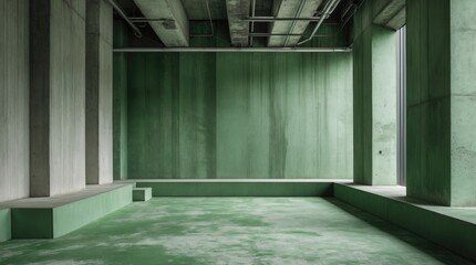Poster - Minimalist modern interior of empty room with green concrete walls and flooring, industrial design elements and ample natural light, Copy Space