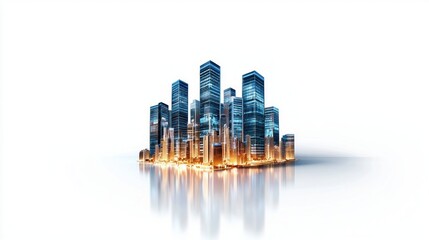 Poster - Modern City Skyline at Night Reflecting Light in a Minimalist Style with Bright Colors and Tall Buildings