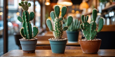 Wall Mural - Three different types of potted cacti displayed on a wooden table in a cozy cafÃ© environment with natural light and blurred background. Copy Space