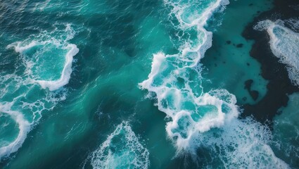 Poster - Aerial view of ocean waves with turquoise water and white foam creating patterns on the surface Copy Space