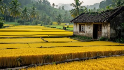 Wall Mural - Golden rice fields with traditional house amidst lush greenery and palm trees in rural landscape Copy Space