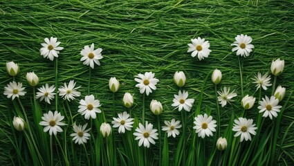 Poster - White flowers on green grass background with vibrant texture and arrangement providing ample Copy Space for text placement.