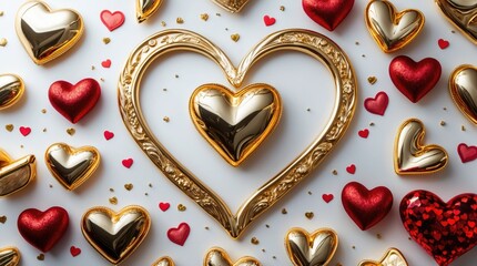 Poster - Golden and Red Heart Shaped Decorations on White Background with Copy Space for Text