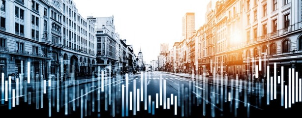 Leinwandbilder - Urban Cityscape with Abstract Soundwave Pattern Overlaid on City Buildings and Street at Sunrise