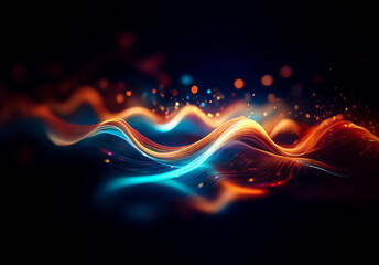 Poster - Abstract waves of vibrant orange and blue light gracefully flow across a dark backdrop, creating a visually striking and dynamic scene of energy.