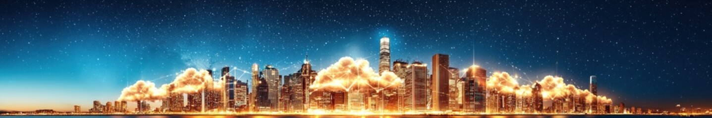 Poster - Vibrant City Skyline at Dusk with Illuminated Buildings Against a Starry Night Sky