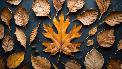 Poster - Various Dry Autumn Leaves Arrangement on Dark Background with Central Large Leaf and Copy Space