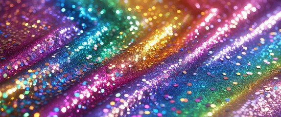 Poster - Colorful glitter fabric with sparkles in vibrant rainbow hues and a shimmering texture ideal for festive backgrounds. Copy Space