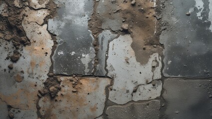 Poster - Weathered concrete wall texture with dirt and debris, showing cracks and uneven surfaces, suitable for industrial backgrounds, Copy Space