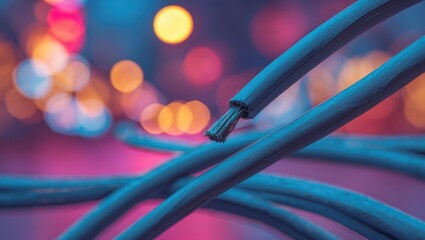 Poster - Close-up of damaged electrical wires against blurred colorful lights abstract background with bokeh Copy Space