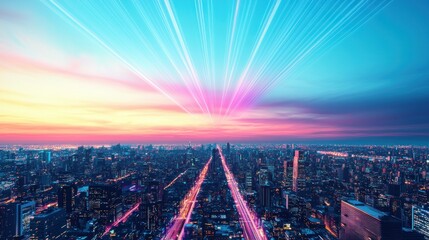 Poster - Vibrant Cityscape at Dusk with Radiant Light Trails and Colorful Sky Over Urban Landscape