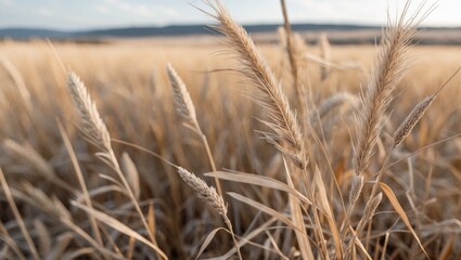 Poster - close-up of golden grass blades in a field under soft sunlight with distant hills in the background 