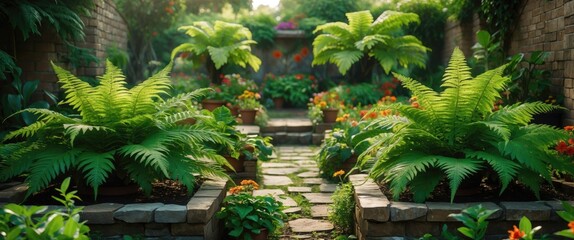 Poster - lush garden pathway with ferns and colorful flowers surrounded by brick wall, natural light and vibr