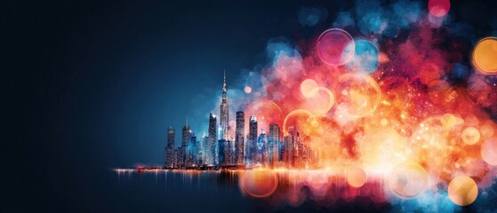 Poster - Vibrant City Skyline with Colorful Bokeh and Bright Lights at Night Ideal for Urban and Modern Themes