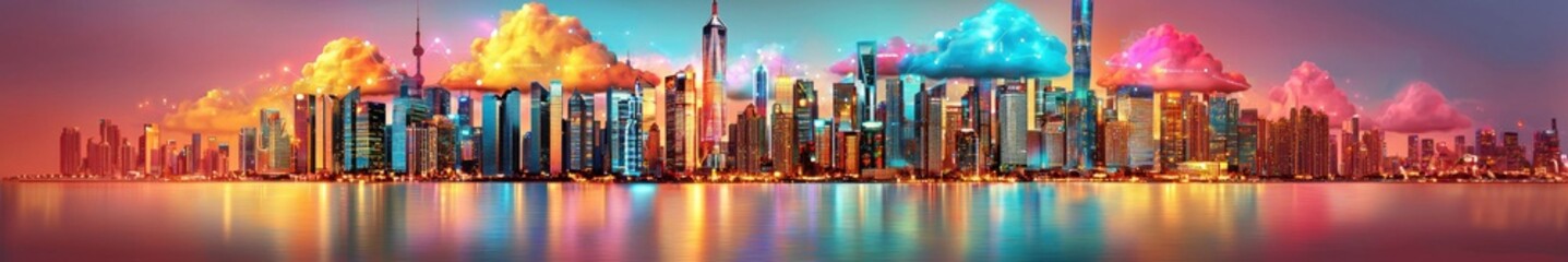 Poster - Vibrant City Skyline with Colorful Clouds and Reflections in Water During Dusk at Urban Waterfront