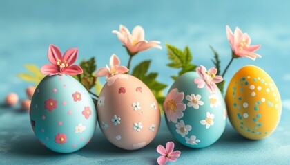 Canvas Print - Colorful Easter eggs decorated with flowers on a blue background. Festive spring composition.