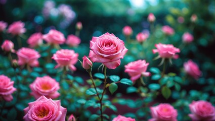 Poster - Pink roses in full bloom surrounded by lush greenery with soft focus background and vibrant colors suitable for floral themes and decorations Copy Space
