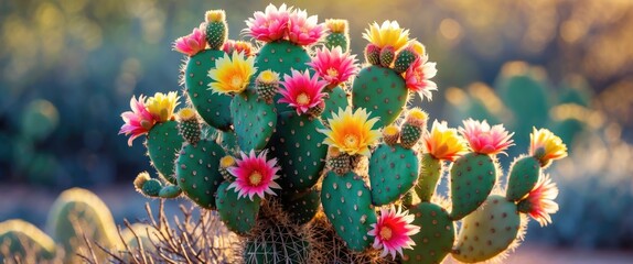 Poster - Colorful flowering cacti in a natural desert setting with vibrant blooms and soft background sunlight near blurred vegetation Copy Space