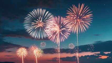 Poster - Colorful fireworks display against a twilight sky with vibrant bursts and smoke creating a festive atmosphere Copy Space