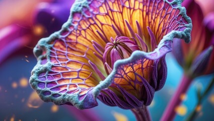 Poster - Vibrant close-up of a unique flower with intricate petal patterns and vibrant colors against a blurred background with copy space.