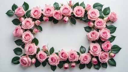 Poster - Pink roses and green leaves arranged in a rectangular frame on a white background with ample copy space for text insertion