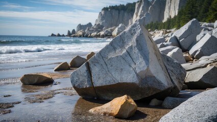 Poster - rocky shoreline with large granite boulders and pebbles on sandy beach under blue sky and tranquil o
