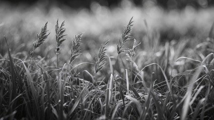Poster - Black and white close-up of grass and wildflowers in a natural outdoor setting with soft focus and depth of field copy space