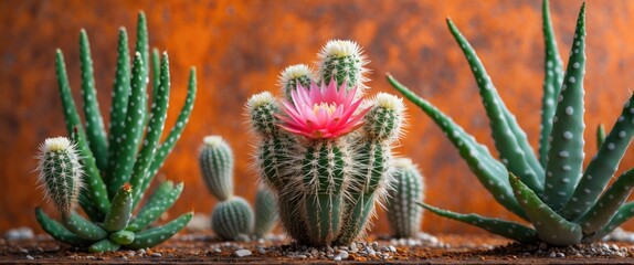 Poster - Various types of cacti with pink flower against textured orange background Copy Space