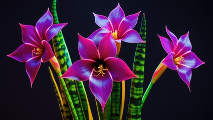 Poster - Vibrant pink flowers with green leaves against a dark background showcasing botanical beauty and color contrast with Copy Space