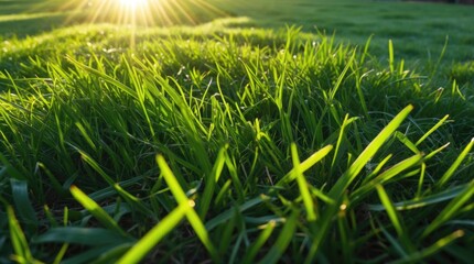 Poster - Green grass with sunlight shining in a natural landscape close-up showing vibrant blades and morning light Copy Space