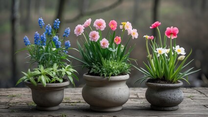 Poster - Potted flowers in three ceramic containers arranged on a wooden surface with a blurred natural background and ample Copy Space