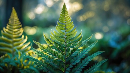 Poster - Close-up of vibrant green fern leaves with sunlight filtering through a blurred natural background Copy Space