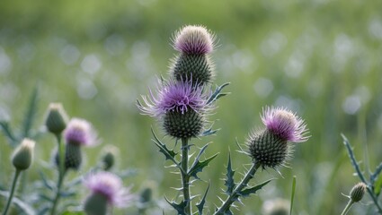 Poster - Thistle flowers in a field with blurred green background showing soft bokeh effect captured in natural light Copy Space