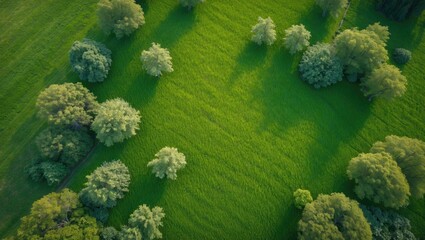 Poster - Aerial view of lush green grassland with scattered trees and clear shadows, ideal for nature or landscape themed designs. Copy Space