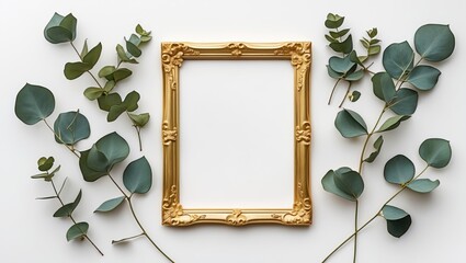 Poster - Elegant gold picture frame surrounded by various green eucalyptus leaves on a light background with Copy Space.