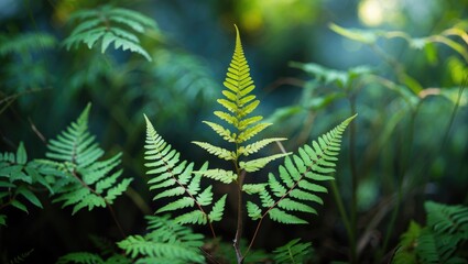 Poster - Close-up of vibrant green fern leaves in natural setting with soft background blur suitable for nature themes and botanical designs Copy Space