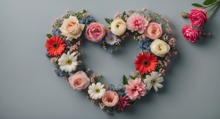 Poster - Heart-shaped floral arrangement with assorted colorful flowers on a light blue background Copy Space