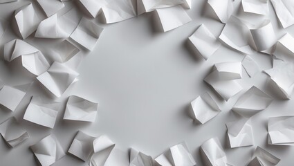 Poster - Crumpled white paper sheets arranged in a circular pattern on a light grey background with copy space for text insertion