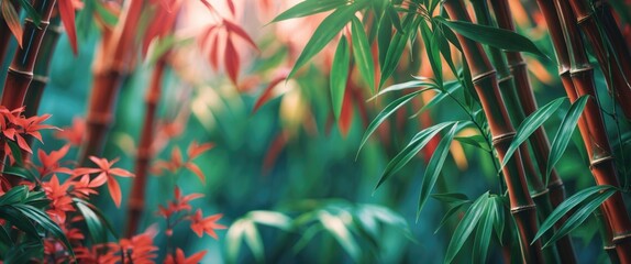 Poster - Colorful bamboo forest background with green leaves and red foliage creating a natural lush environment Copy Space
