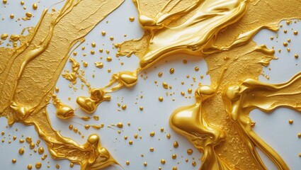 Poster - Gold paint splashes and drips on a white background with textured patterns and shiny reflective surfaces, suitable for creative designs and art backgrounds.
