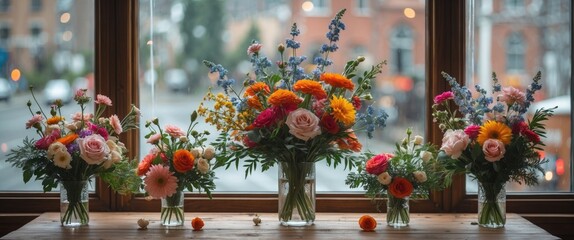 Poster - Colorful flower arrangements in glass vases on a wooden table by a window with a soft bokeh background and natural lighting Copy Space