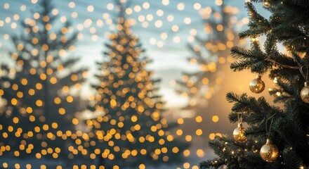 Poster - Christmas tree with festive golden ornaments and lights, blurred background of glowing bokeh lights, winter holiday theme, Copy Space