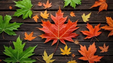 Poster - Colorful autumn leaves of various sizes on rustic wooden background with copy space for text placement