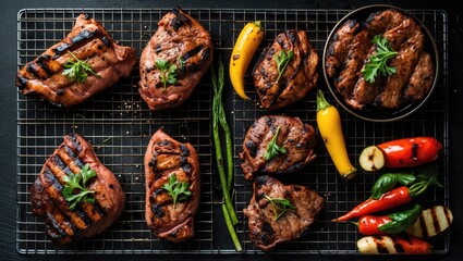 Aufkleber - Grilled meat on a rack with assorted vegetables including bell peppers and herbs displayed on a dark background Copy Space