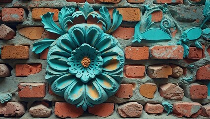 Poster - Turquoise floral relief decoration on a textured brick wall with various brick colors and styles Copy Space